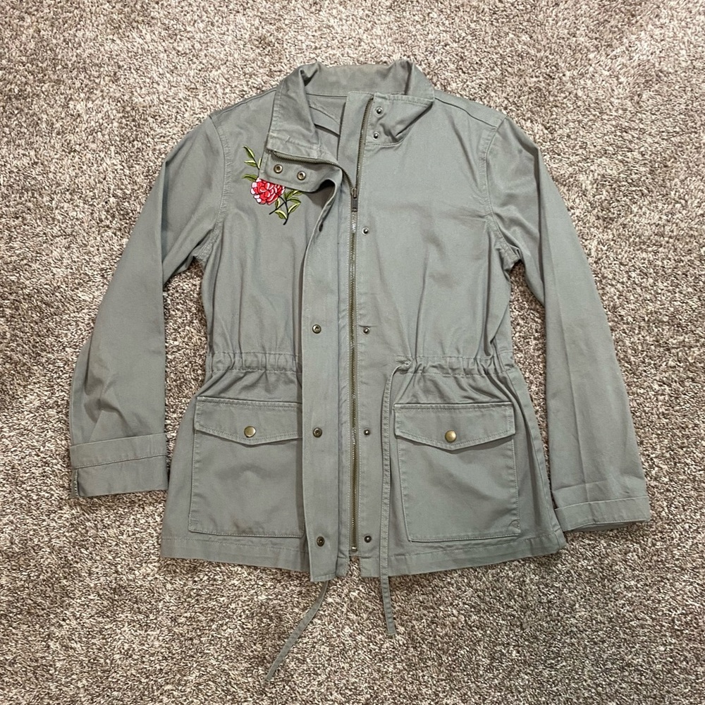 Loft Outlet Khaki Green Military Jacket Snap Zip Pockets Drawstring S